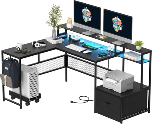 L Shaped Desk with Drawers, 66" Home Office Desk with Power Outlet and Led Strip, Computer Desk with Storage Shelves & Monitor Stand, Large Corner Desk Gaming Desk, Black - color: Black, size: L Shaped
