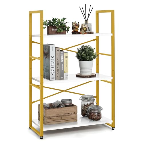 CAPHAUS 3 Tier Small Bookshelf, 24 Inch Width Free Standing Shelf, Bookcase Shelf Storage Organizer, Industrial Book Shelves for Home Office, Living Room, White Wooden Shelves & Gold Frame - color: Gold, size: 3-Tier