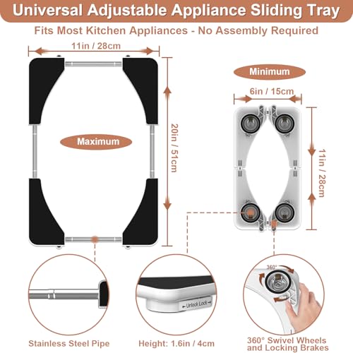 Adjustable Appliance Slider Tray - Expandable 6" x 11"- 11" x 20" | Sliding Tray for Kitchen Appliances - 360° Countertop Rolling Tray with Locking Brakes for Coffee Makers Mixers - size: 6" x 11" - 11" x 20" Rectangle