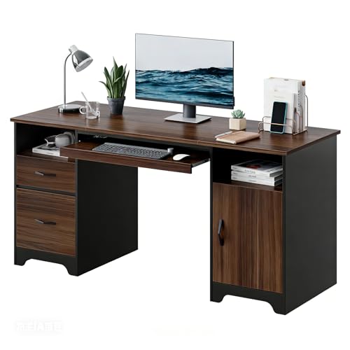 Bestier 59" Office Desk with File Drawer, Keyboard Tray & 2 Drawers, Cherry | File Drawer For Letter/A4/Legal Folders, 2 Storage Drawers, Keyboard Tray, Cable Management, 200 LBS Capacity, Cherry Finish - color: Cherry&black