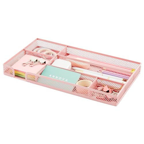 Annova Desk Drawer Organizer Tray for Office Organization - Metal Mesh - Storage Tray with Dividers for Pens, Desktop Accessories, Bathroom, Kitchen, Makeup and Office Supplies (Small, Light Pink) - color: Light Pink, size: 11.4" x 6.3" x 1.2"