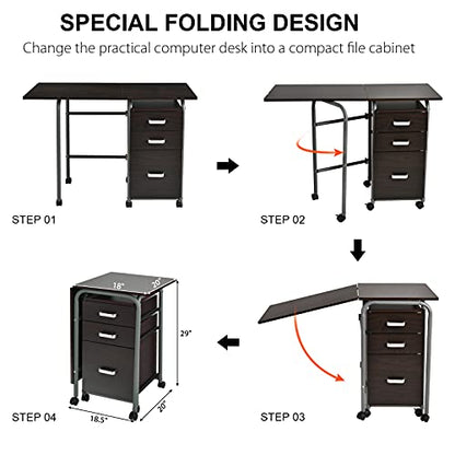 Tangkula Folding Computer Desk with 3 Storage Drawers, Mobile Home Office Desk Study Writing Desk with Smooth Wheels, Space Saving Compact Desk for Dorm Apartment, Rolling Folding Desk Table - color: Brown