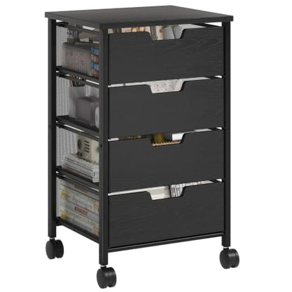 Rolling Cart with Drawers, Wooden Top and Front | Metal Under Desk Storage Cart with 4 Drawers and Wheels, for Office, Bedroom, Classroom, Home, Black - color: Black