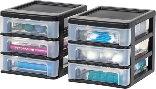 IRIS USA 2-Pack, 3-Drawer Small Plastic Stacking Desktop Organizer, Black | Organize office supplies, stationery, makeup, craft materials and everyday essentials for neat desktop storage - color: Black, style: Small - 2 Pack