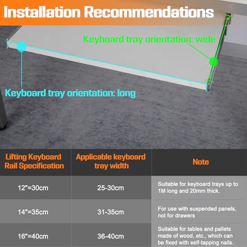 Under Desk Keyboard Tray Pull Out Slide Height Adjustable Slide Out Keyboard Draw Holder Track Full Extension Ball Bearing Under Table Lift Bracket for Mounting Music Keyboard Piano Without Tray - style: 13.8 Inch Length