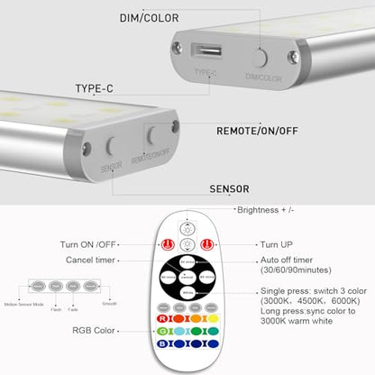 Under Cabinet Lighting ,15 Colors Motion Sensor Light Indoor Night Lights with Remote,58LED RGB Under Cabinet Lights Bar ,Dimmable 5Pack Wireless Under Counter Lighting for Kitchen,Closet, Shelf