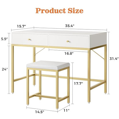 SUPERJARE 35.4" White and Gold Desk with 2 Drawers, Modern Makeup Vanity - color: Gold and White, size: 35.4 inch
