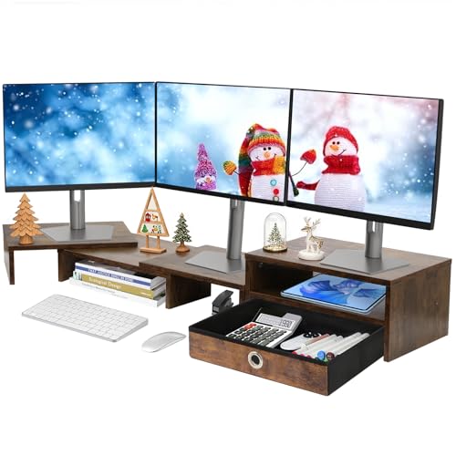 Monitor Riser for 3 Monitors, Angle Adjustable Monitor Stand with Drawer | Dual Monitor Stand for Desk, Dual Monitor Stand with Storage, Wooden Extra Long Triple Monitor Riser up to 52", Rustic Brown