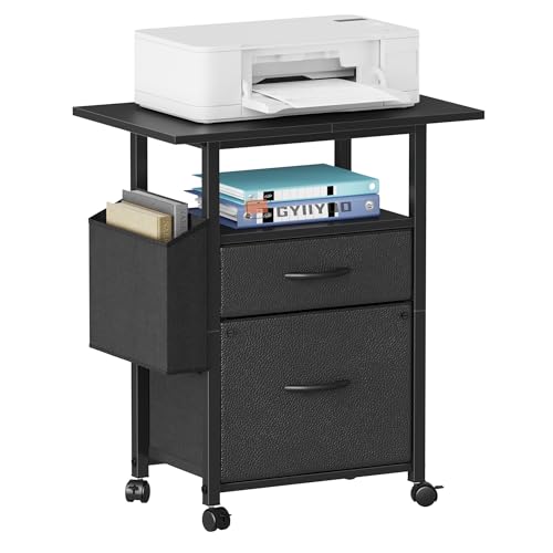 GYIIYUO 2 Drawer File Cabinet 24''W, Mobile Filing Cabinet, Printer Stand | 24'' Extended Desktop, Rolling, Side Bag, Fits A4/Letter Size, Home Office, Fabric Drawer, Black - color: Black