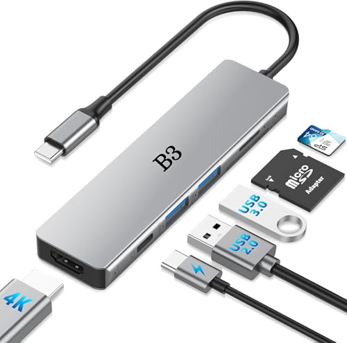 USB C Hub 6-in-1 Multi-Port Adapter with 4K@60Hz HDMI, 100W PD, 2 USB A Data Ports, and SD/TF Card Reader – Aluminum Type-C Hub for MacBook Air/Pro M1/M2, iPhone 17 Pro Max, Surface Go, XPS, iPad - color: Grey 10cm