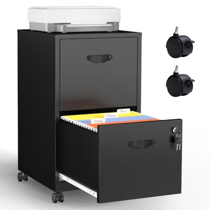 Metal 2 Drawer File Cabinet with Lock & Wheels for Office,Black | Small Mobile File Cabinets for Home Office, Under Desk Vertical Rolling File Cabinet Fit Hanging Files, Letter & A4 Documents - color: Black, style: 2 Drawers Mobile File Cabinet