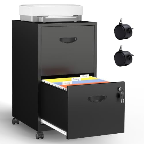 Metal 2 Drawer File Cabinet with Lock & Wheels for Office,Black | Small Mobile File Cabinets for Home Office, Under Desk Vertical Rolling File Cabinet Fit Hanging Files, Letter & A4 Documents - color: Black, style: 2 Drawers Mobile File Cabinet