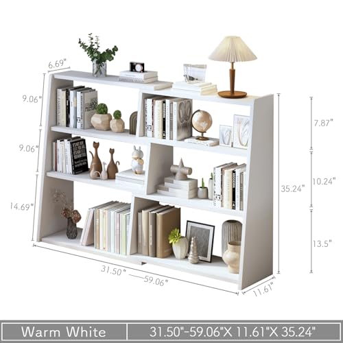 IOTXY Wooden Extendable Shelf Bookcase, 3-Tier Low Bookshelf, White, L | Adjustable Two-piece Design, 6 Open Cubbies, Extends 31.5"-59.1" for Straight Walls, Corners, and Small Spaces - color: White, size: Large