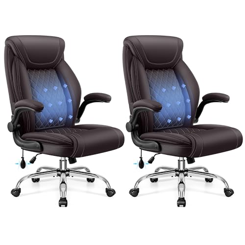 BestGlory Executive Office Chair with Lumbar Support, Big and Tall Ergonomic Computer Desk Chair, Leather Comfy High Back Gaming Chair with Flip Up Arms & Rocking Function for Home Office, Coffee - color: Coffee, size: 2 Pack