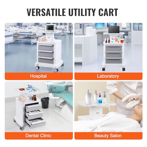 VEVOR 4 Tiers Lab Carts, Lab Utility Cart with 3 Drawers & 1 Top Tray, Mobile Medical Cart with ABS Material, Lab Rolling Cart with 4 Silent Wheels for Lab, Clinic, Hospital, Salon, White - color: White + Gray