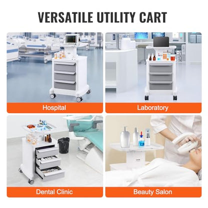 VEVOR 4 Tiers Lab Carts, Lab Utility Cart with 3 Drawers & 1 Top Tray, Mobile Medical Cart with ABS Material, Lab Rolling Cart with 4 Silent Wheels for Lab, Clinic, Hospital, Salon, White - color: White + Gray
