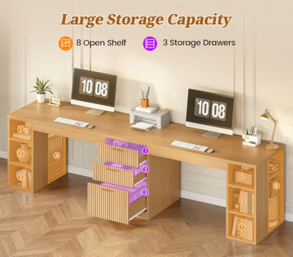 SEDETA Fluted 96.5" 2 Person Computer Desk with Storage Drawers - color: Fluted Natural