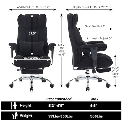 Efomao Executive Office Chair 400lbs, Black Fabric Big and Tall Desk Chair | Breathable fabric, pocket spring & foam seat, retractable footrest, 135° recline for computer gaming setup - color: 3084-black