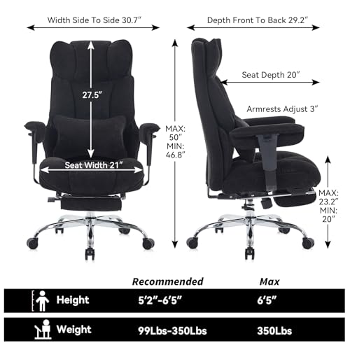 Efomao Executive Office Chair 400lbs, Black Fabric Big and Tall Desk Chair | Breathable fabric, pocket spring & foam seat, retractable footrest, 135° recline for computer gaming setup - color: 3084-black
