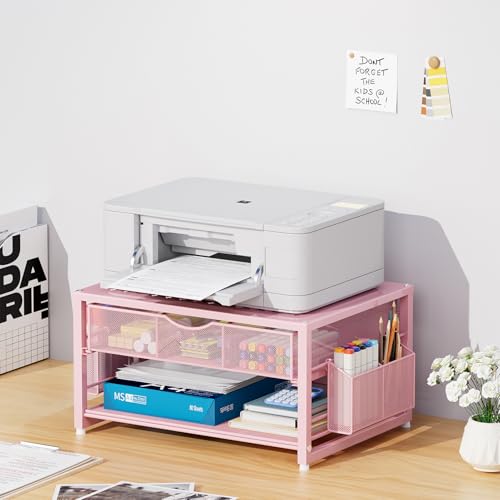 Marbrasse Metal Printer Stand for Desk with Storage Drawer and 2 Pen Holders, 2-Tier Desktop Organizer Printer Table for Home Office, Multi-Purpose Desk Organizer for Fax Machine Scanner Files(Pink) - color: Pink