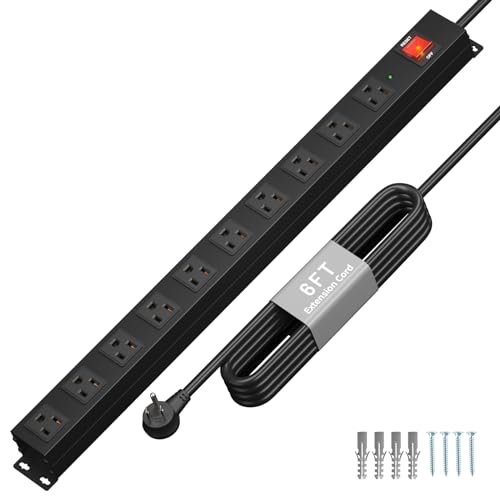 KF 10 Outlet Heavy Duty Power Strip, 2100J Surge Protector with 6FT Extension Cord, 15A/1875W Wall Mount Power Strip Design,Safety Switch,Overload Protection for Home Office Workshop - Black - color: Black(10 outlet), size: 6FT