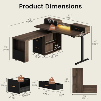 61'' L Shaped Electric Standing Desk, 360° Rotating, 4 Drawers | Height Adjustable Desk with LED Light, Monitor Riser & File Cabinet, Sit Stand Home Office Desk, Power Outlet, Black Walnut