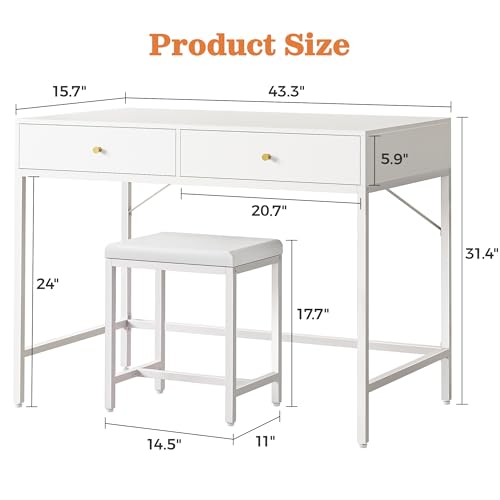 SUPERJARE 43-inch White Desk with 2 Drawers and Padded Stool - color: White, size: 43.3 inch