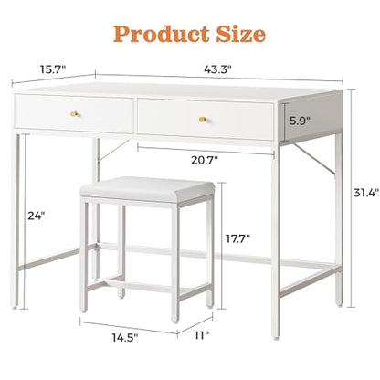 SUPERJARE 43-inch White Desk with 2 Drawers and Padded Stool - color: White, size: 43.3 inch