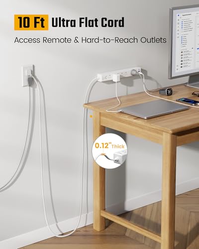 10Ft Flat Extension Cord with Multiple Outlets, Surge Protector Power Strip | SUPERDANNY Flat Plug Power Strip with 6 Outlets & 3 USB, Charging Station for Home, Office, College Dorm Room Essentials - color: White, size: 10FT