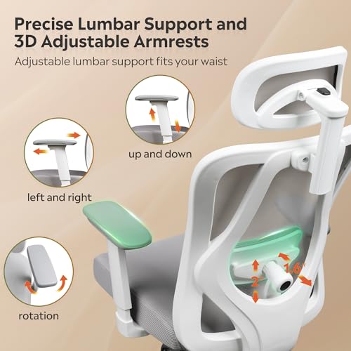 DEVAISE Ergonomic Mesh Office Chair with Adjustable 3D Headrest and Tilt Function, Big and Tall Reclining Comfy Home Computer Desk Chair with Lumbar Support and 3D Armrests, White