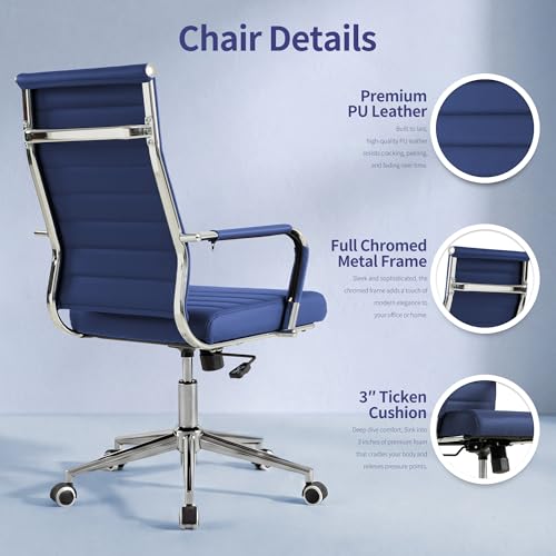 Okeysen Navy Blue Office Desk Chair, Ergonomic Leather Modern Conference Room Chairs, Executive Ribbed Height Adjustable Swivel Rolling Chair for Home Office. - color: Blue