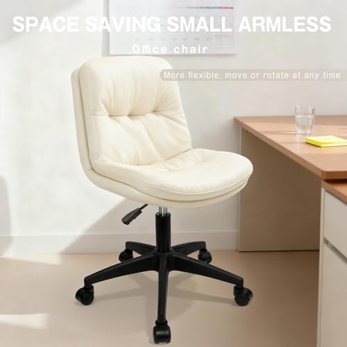 Armless Office Chair, Ergonomic Small Desk Chair with Padded Cushion & Lumbar Support, Height Adjustable 360° Swivel Rolling Task Chair with Wheels for Home Office, Vanity, Beige