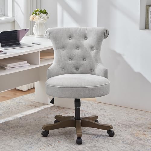 HUIMO Home Office Chair Upholstered Armless Swivel Desk Chair with Wheels | Adjustable Height Computer Desk Chair with Wooden Legs linen Comfortable Swivel Chairs for Farmhouse Study Studio Light Grey - color: Light Grey