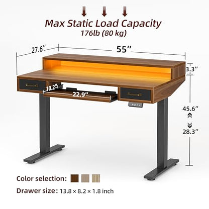 TIQLAB Standing Desk with Two Drawers, Stand Up Standing Desk Adjustable Height, Electric Sit Stand Table with Storage Shelf and Splice Board, with LED Light, 55 * 28 inch, Black Walnut - color: Black Walnut, size: 55*28 inch with keyboard tray