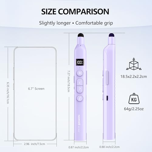 N21 Bluetooth Presentation Clicker for PowerPoint with Retractable Pointer | ①Laser Pointer②Telescopic touch pen③Countdown timer, vibration alert ④Customizable Button ⑤Rechargeable;battery level display - color: Purple - Green Pointer