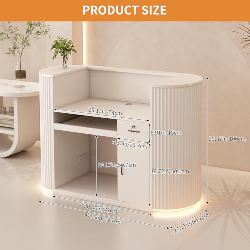 Reception Desk with LED Light - Curved Front Checkout Page with Counter, Lockable Drawers & Engineered Wood Construction, Salon Reception Desk for Beauty Salons - color: White