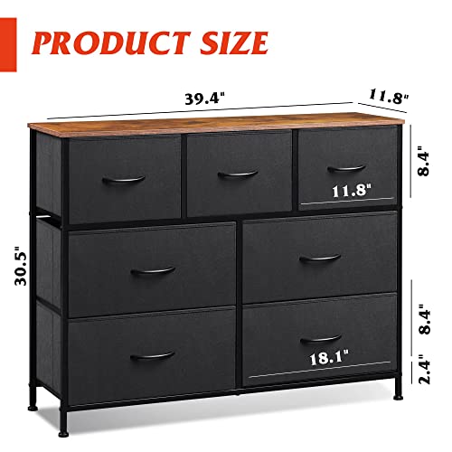 WLIVE 7 Drawer Dresser TV Stand, Entertainment Center, Media Console Table with Metal Frame and Wood Top for TV up to 45 inch, Chest of Drawers for Bedroom, Living Room, Black and Rustic Brown - color: Black and Rustic Brown