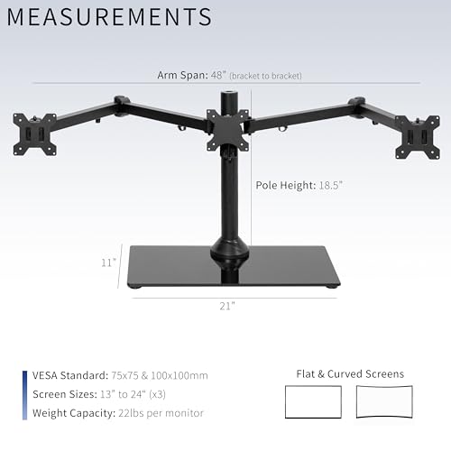 VIVO Black Triple Monitor Mount Freestanding Desk Stand with Glass Base, Heavy Duty Fully Adjustable Stand for 3 Screens up to 24 inches STAND-V003FG - size: 13" to 24" Screens