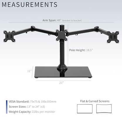 VIVO Black Triple Monitor Mount Freestanding Desk Stand with Glass Base, Heavy Duty Fully Adjustable Stand for 3 Screens up to 24 inches STAND-V003FG - size: 13" to 24" Screens