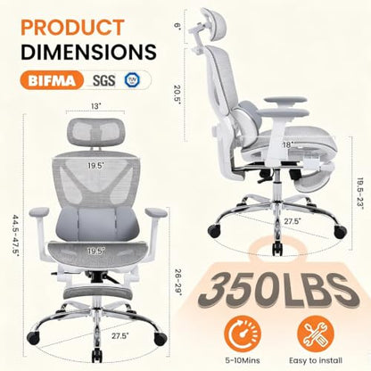 LuxErgo High Back Ergonomic Mesh Office Chair, Home Desk Chair with Adjustable Lumbar Support Foot Rest, 3D Headrest and Armrests, 350lbs Big and Tall High Back Reclining Gaming Chair, Gray - color: Grey