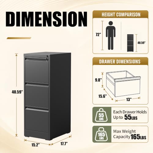 3 Drawer File Cabinet for Home Office, Vertical Filing Cabinet - color: Black, size: 40.4"H - 3 Drawer
