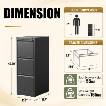 3 Drawer File Cabinet for Home Office, Vertical Filing Cabinet - color: Black, size: 40.4"H - 3 Drawer