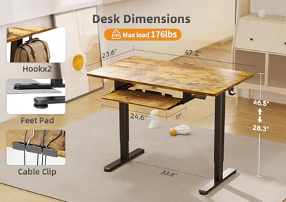 YDN Standing Desk 48 Inch Computer Desk with Keyboard Rustic Brown | Ergonomic desk for home office and gaming, 28.3 to 46.5 inch electric height adjustment, 176 lbs capacity - color: Rustic Brown