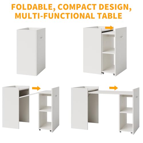 GAOMON Folding Computer Desk with Storage Shelves, Extension Computer Table, Space Saving Table ith Extendable Drop-Leaf for Small Spaces, Home Office, Gaming, Bedroom, White