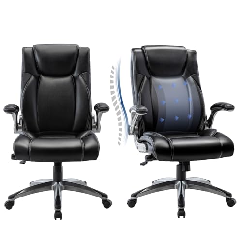 MALOL Office Desk Chair, Ergonomic Computer Chair with Padded Flip-Up Arms and Thick Cushion, Leather Office Chair with High Back Adjustable Height and Tilt for Working for Working, Study, Gaming,2PC - color: 287-black, size: set of 2