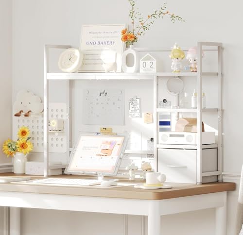 Desk Shelf with Drawer, 41.3" Desktop Organizer Shelf, Desk Hutch for Computer Monitor Max 32", 3 Tier Desktop Display Rack, Wooden Desk Top Bookshelf Storage Rack for Home Office Dorm, White - color: White