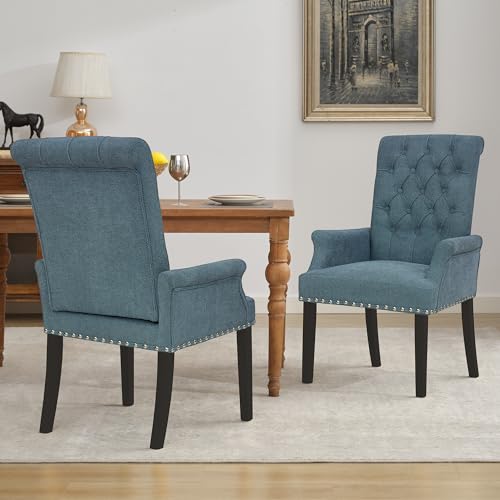 LOULENS Linen Dining Chair with Arms, Tufted Dining Room Chairs, Blue | Solid Wood Legs, Nailhead Trim, Accent Chair, Kitchen Chair - color: Light Blue, size: 1 PCS
