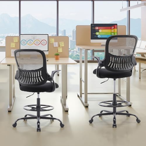 Sweetcrispy Tall Drafting Chair, High Office Desk Chair with Footrest | Comfy Lumbar Support, Counter Height Adjustable, Flip-up Arm, 360° Computer Rolling Stool, Black - color: Dark Black, size: 48.4 inches (H) x 24 inches (W) x 25.2 inches (D)