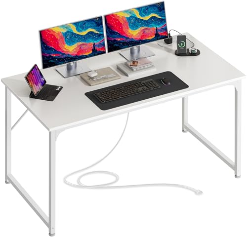 47 X 24 Inch Deeper Desk with Power Outlets | Computer Desk for Bedroom, Office Desk for Work from Home, Writing Study Gaming Table, Stable Metal Frame, White - color: White, size: 47.2*23.6 inch