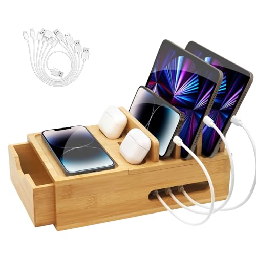 Bamboo Charging Station for Multiple Devices, Desktop Wood Charger Organizer with Drawer & Tray -Included 6 Cables, Compatible with Multi Devices, Cell Phone, Tablet, Earphones (No USB Charger)